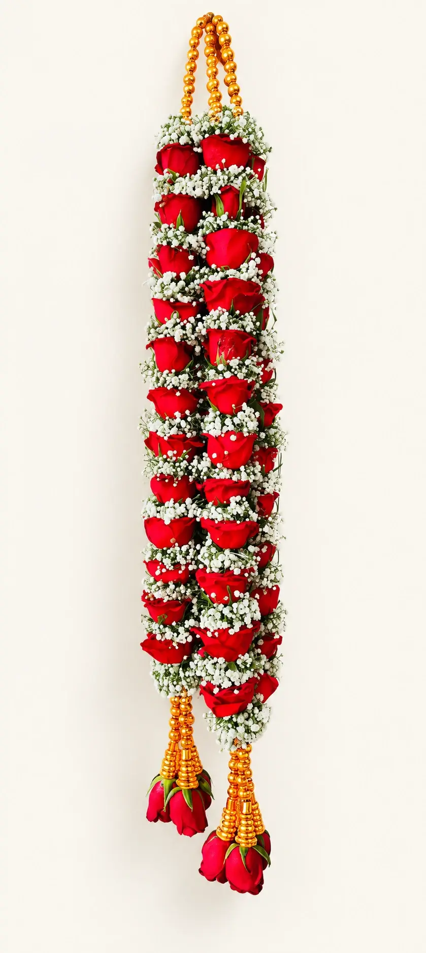 Red rose wedding varmala pair with white baby’s breath and gold bead details