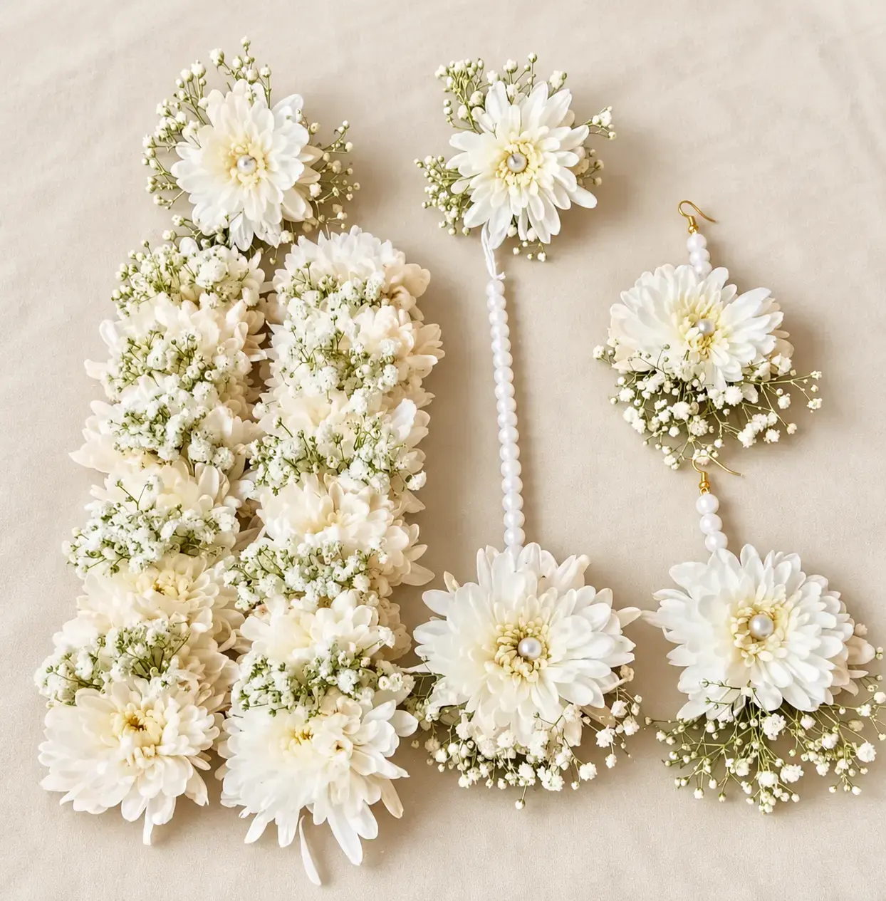 White guldavri and baby’s breath floral jewellery with pearl-style bead strands arranged on ivory fabric.