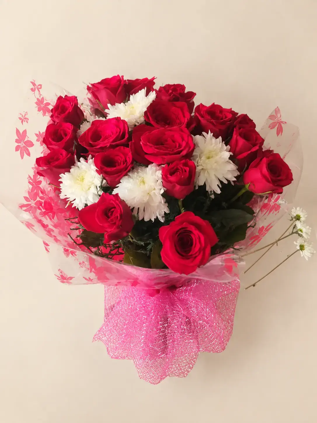 Red & White Rose Bouquet, Pink Wrap