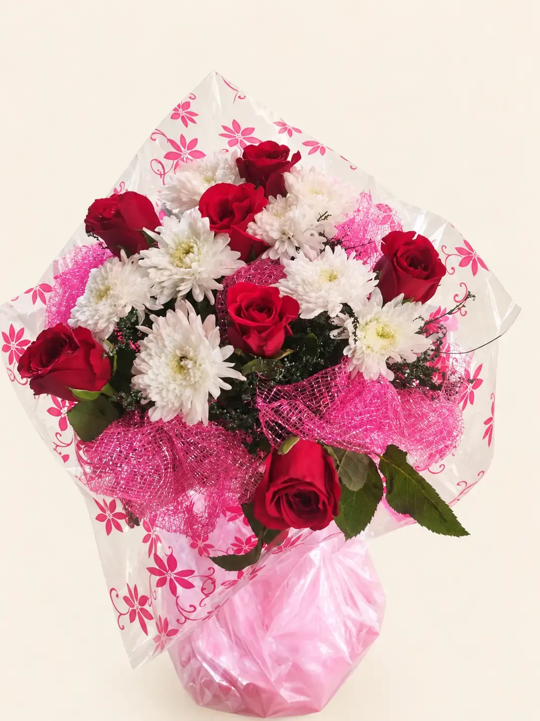 Red Rose & White Chrysanthemum Bouquet, Pink Wrap