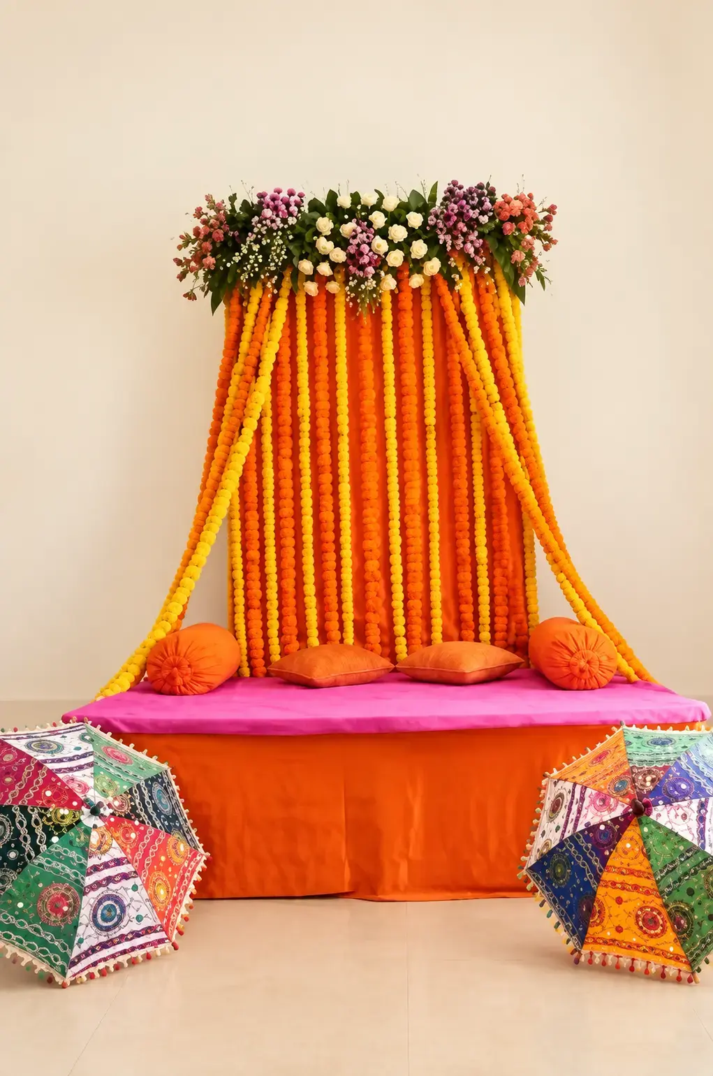 Orange and yellow floral backdrop with pink seating and decorative umbrellas