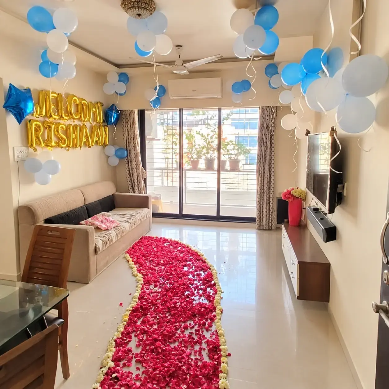 Balloon arrangement decorating a celebration welcome area