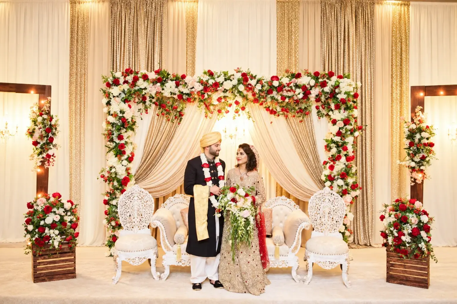 Wedding stage with a floral backdrop and seating
