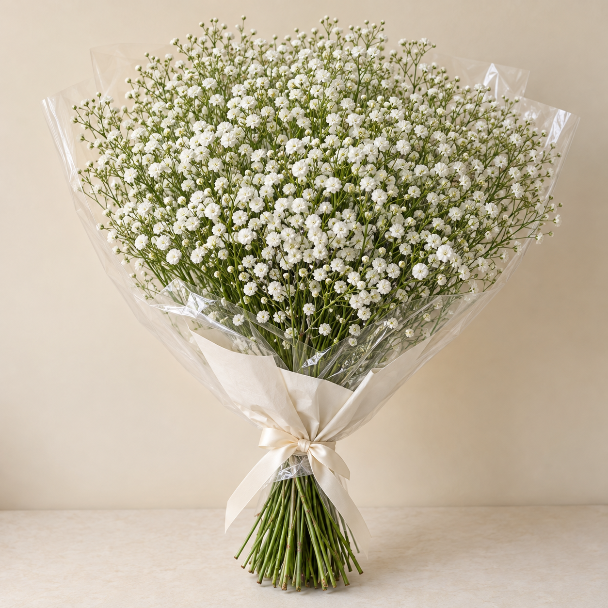 White baby’s breath flower bunch in clear and ivory wrapping, tied with a cream ribbon.